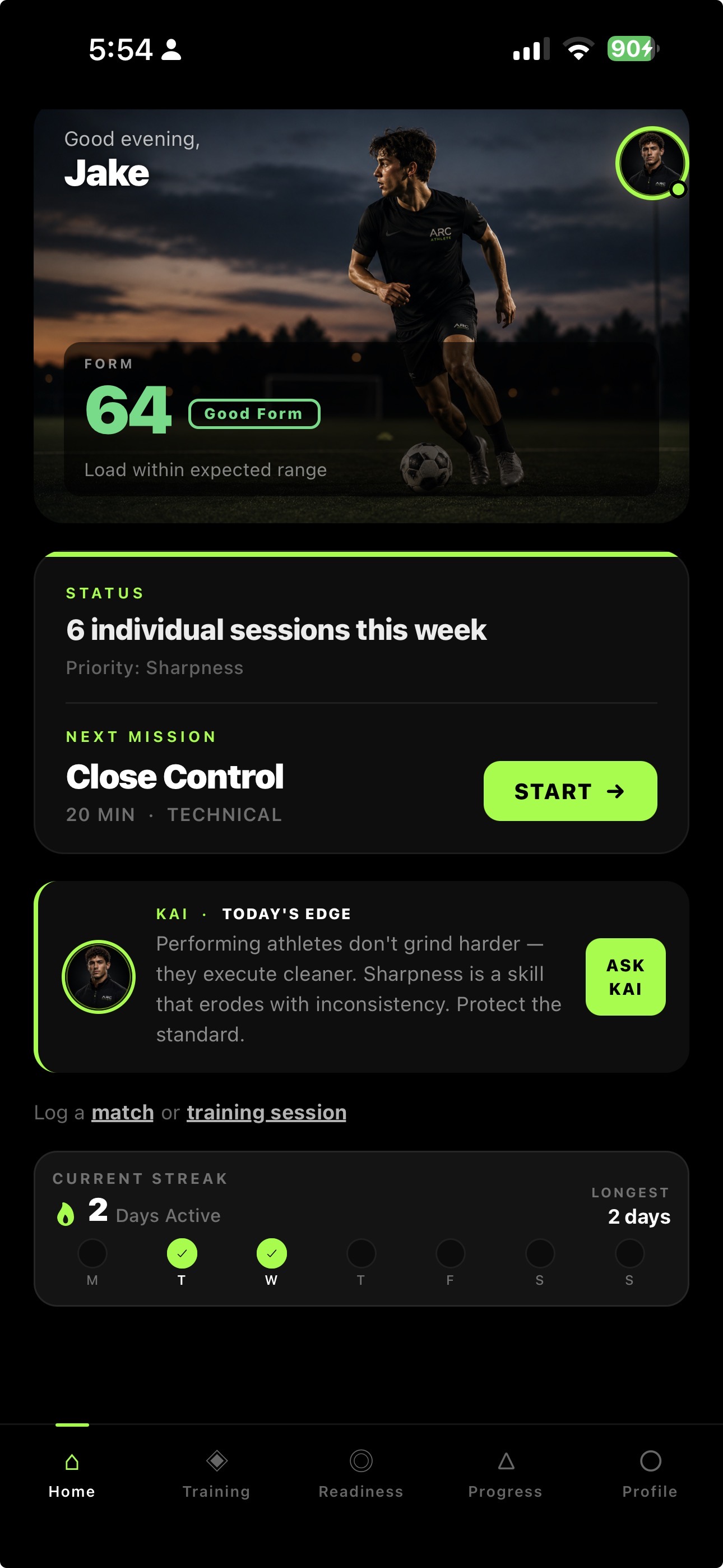 ARC Athlete home screen showing form, weekly status, next mission, coach guidance, and current streak