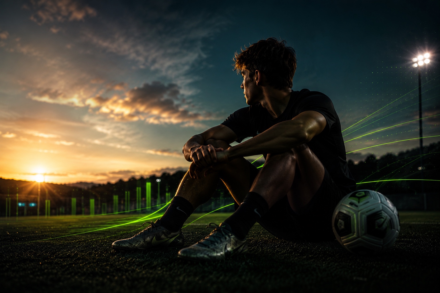 Soccer player reflecting on the pitch after training